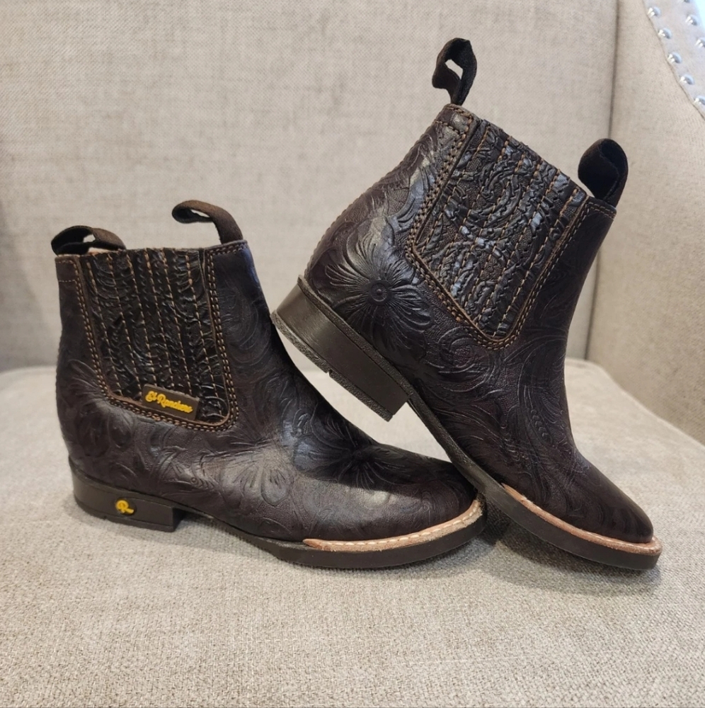 El Ranchero Kids Boots Dark Brown Embossed Leather Chelsea NEW Western 12.5/18.5